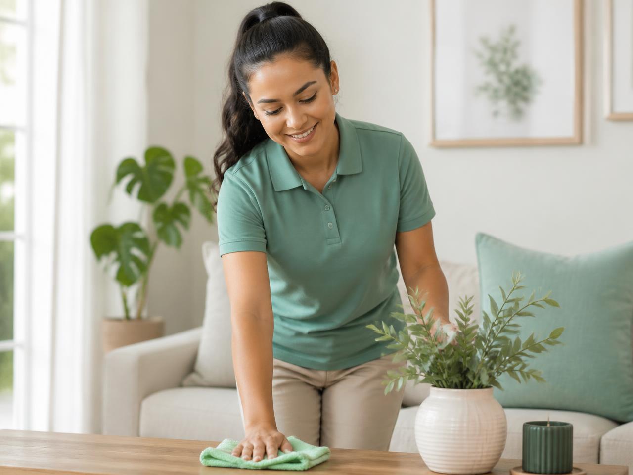 Professional cleaner finishing a bright living room