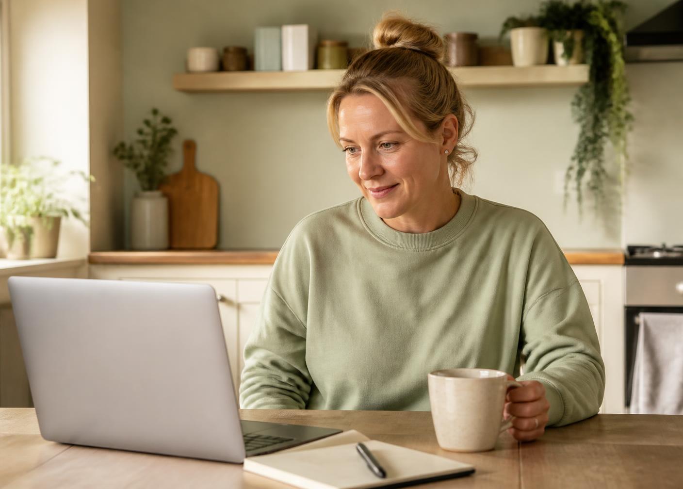 Cleaning business owner reviewing enquiries at a kitchen table